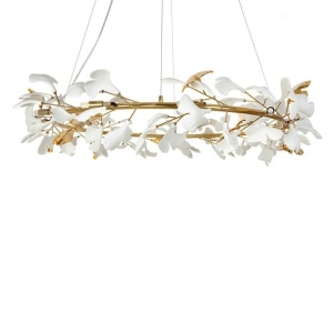 Lustra Suspendata, Metal Auriu, Petale Flori Albe Ceramice, FLORA 120