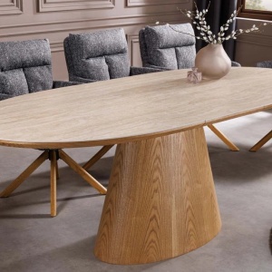 Masa extensibila, Ceramica travertin, Furnir stejar, UNIQUE 160-200cm - Img 9