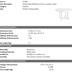 Masa pentru interior si exterior Bell Rive alb, 130cm 112851 HZ - Img 2