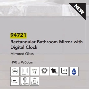 Oglinda baie cu iluminat LED, ceas digital si dezaburire Rectangle, 60x90cm 139674 universul-luminii.ro