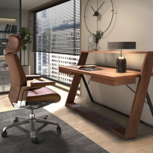 Scaun de birou modern piele sintetica si furnir de nuc Brown - Img 7