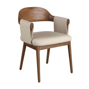Scaun dining imitatie de piele crem si lemn Walnut