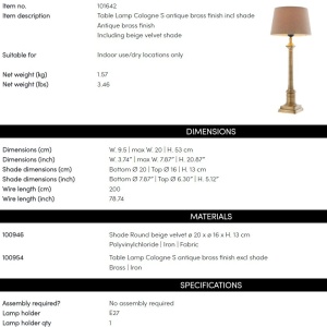 Veioza, lampa de masa cu baza inalta, finisaj brass, H-53cm, Cologne Small 101642 HZ 182444 universul-luminii.ro
