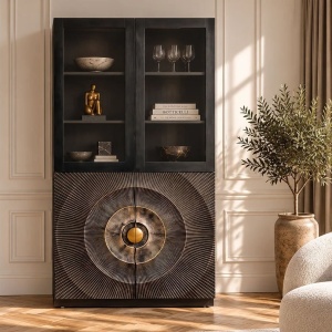 Vitrina design vintage GOLDEN SUNSET 180cm lemn negru/ auriu