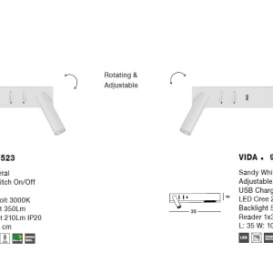 Aplica ambientala cu reader LED directionabil si USB Charger Vida alba NVL-9533523 186175 universul-luminii.ro