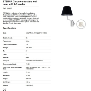 Aplica cu reader LED pe stanga design elegant ETERNA crom/alb 190015 universul-luminii.ro