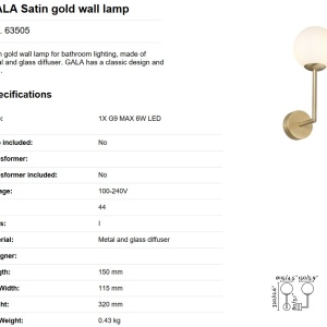 Aplica de perete baie cu protectie IP44 GALA Satin gold 63505 61125 universul-luminii.ro