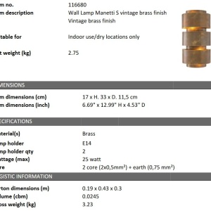 Aplica de perete din alama design LUX Manetti S 46945 universul-luminii.ro