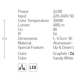 Aplica LED de perete pentru iluminat exterior, up/down, IP54 Ritu alb 118235 universul-luminii.ro