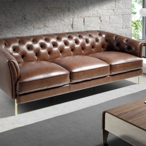 Canapea 3 locuri din piele naturala capitonata Cowhide leather brown - Img 6