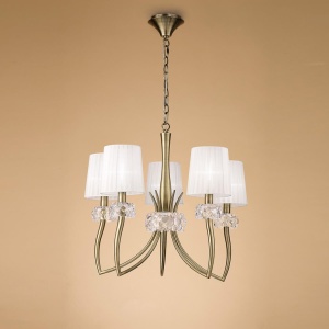 Candelabru clasic cu 5 brate LOEWE antique brass/ abajur alb 219805 universul-luminii.ro