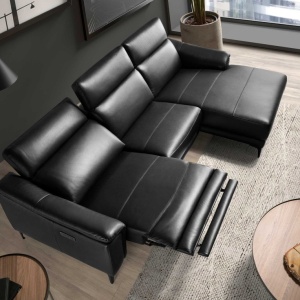 Coltar LUX design italian cu sezlong dreapta si functia relax Cowhide negru - Img 7