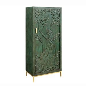 Dulap PEACOCK 175cm lemn de mango verde sculptat 3D cu design paun