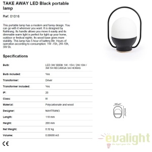 Lampa LED portabila design funny TAKE AWAY Black 01016 173895 universul-luminii.ro