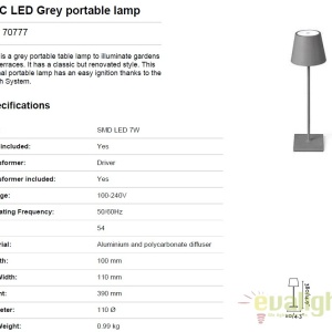 Lampa LED portabila iluminat exterior stil clasic TOC gri 70777 44155 universul-luminii.ro