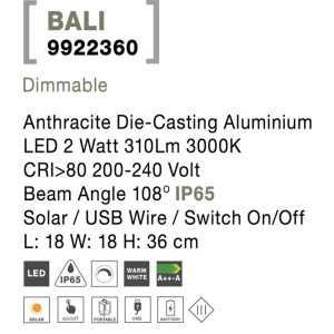 Lampa LED solara portabila pentru iluminat exterior IP65 BALI H-36cm 190605 universul-luminii.ro