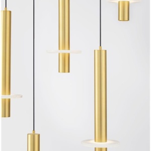 Lustra cu 7 Pendule tub subtire aluminiu auriu si alabastru LED NOEMI - Img 7