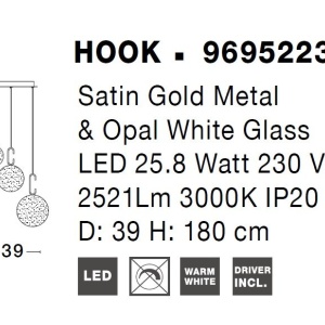 Lustra LED cu 3 pendule, dimabila, design modern Hook auriu, opal alb 39cm 115375 universul-luminii.ro