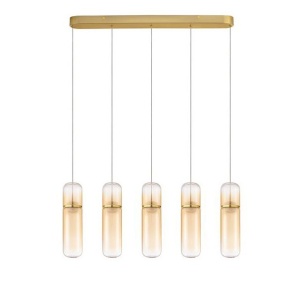 Lustra moderna cu 5 pendule LED, Metal, Auriu, Sticla, Amber, Norma