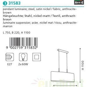 Lustra, Pendul modern maro-antracit, dim.75x22cm, Pasteri 31583 EL 63675 universul-luminii.ro