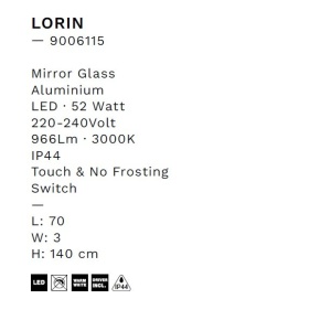Oglinda cu iluminat LED pentru baie IP44 LORIN 70x140cm - Img 9