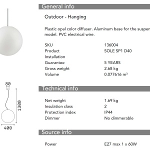 Pendul iluminat exterior cu protectie IP44, diametru 40cm SOLE SP1 MEDIUM 136004 58195 universul-luminii.ro