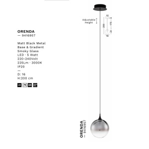 Pendul LED modern, Metal, Sticla, Fumuriu, ORENDA 168525 universul-luminii.ro