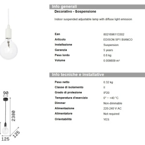 Pendul modern diametru 11cm EDISON SP1 BIANCO 113302 63645 universul-luminii.ro