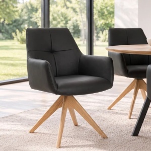 Scaun pivotant lemn de stejar, piele naturala neagra ALMARA
