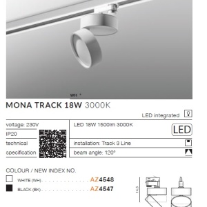 Spot LED directionabil pe sina Mona TRACK 3Line 18W 3000K alb 199545 universul-luminii.ro