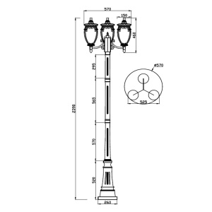 Stalp de exterior cu 3 brate protectie IP44, Fleur H-239cm, negru cu auriu 100765 universul-luminii.ro