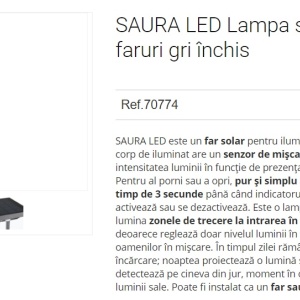 Stalp LED solar iluminat exterior cu senzor de miscare IP54 SAURA 189635 universul-luminii.ro
