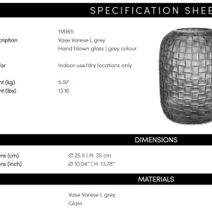 Vas decorativ design LUX realizat manual din sticla Varese L gri - Img 5