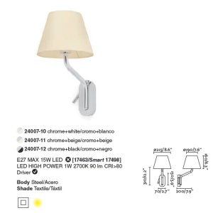 Aplica cu reader LED pe stanga design elegant ETERNA crom/bej 91656 universul-luminii.ro