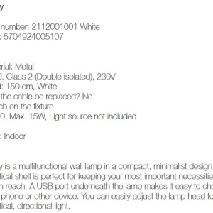 Aplica de perete, directionabila, port usb, design modern CODY alb 2112001001 NL 196786 universul-luminii.ro