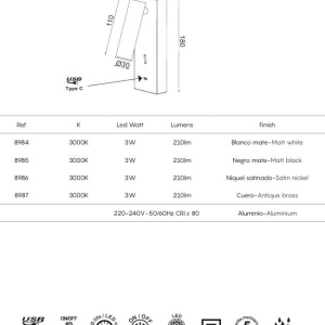Aplica de perete, Mufa USB, LED, Tarifa III nickel MA-8986 171786 universul-luminii.ro