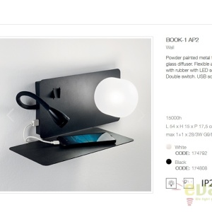 Aplica LED moderna cu reader LED cu port USB BOOK-1 AP2 174808 57316 universul-luminii.ro