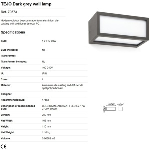 Aplica moderna de exterior IP54 TEJO gri 51926 universul-luminii.ro