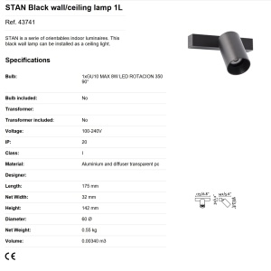 Aplica perete / tavan cu spot directionabil design modern STAN 1L neagra 84496 universul-luminii.ro