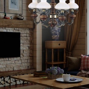 Candelabru cu 6 brate design italian din alama cu lemn 620 202956 universul-luminii.ro