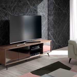 Comoda TV design LUX cu 3 usi negre efect de oglinda Walnut - Img 5