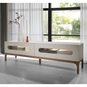 Comoda TV design modern cu iluminare interioara Gray and Walnut