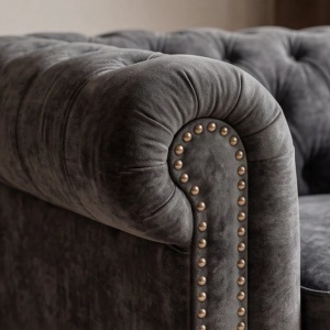 Fotoliu clasic stil englezesc Chesterfield, catifea gri antic - Img 7