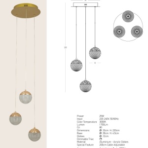 Lustra aurie cu 3 pendule LED, glob acrilic transparent cu efect de cristal - Img 5