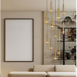 Lustra cu 12 Pendule tub subtire aluminiu auriu si alabastru LED NOEMI
