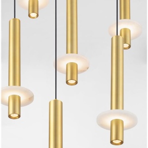 Lustra cu 7 Pendule tub subtire aluminiu auriu si alabastru LED NOEMI - Img 4