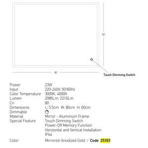 Oglinda baie cu iluminat LED 23W 3000K-4000K IP44 auriu 80x60cm - Img 3