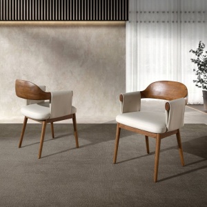 Scaun dining imitatie de piele crem si lemn Walnut - Img 9