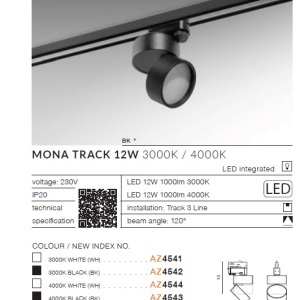 Spot LED directionabil pe sina Mona TRACK 3Line 12W 3000K negru 199526 universul-luminii.ro