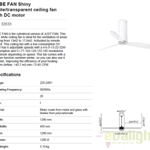 Ventilator cu telecomanda Tube alb lucios / transparent 32033 59806 universul-luminii.ro
